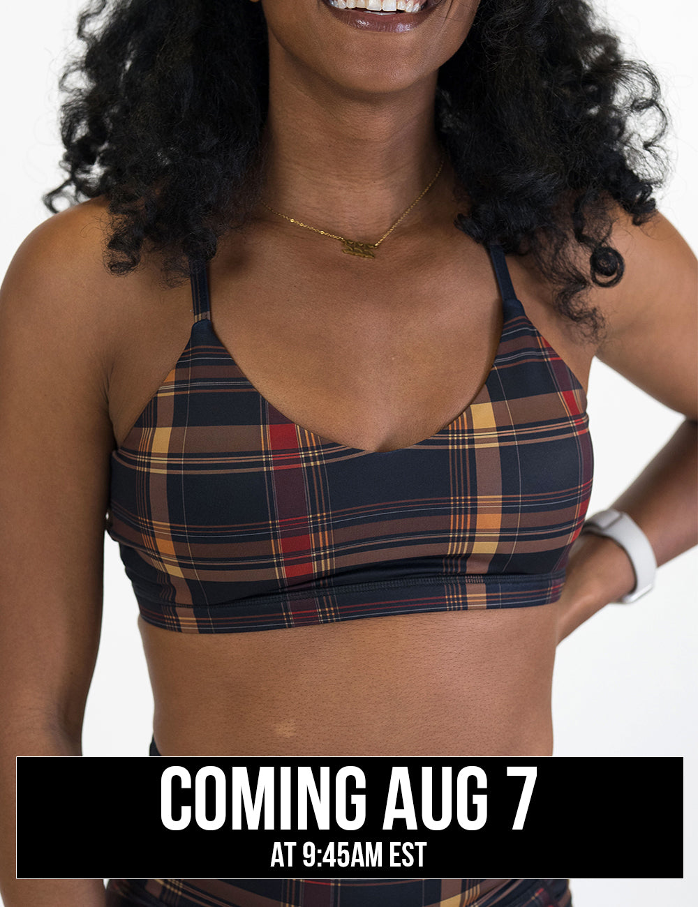 front of the black, red, and yellow plaid bra coming august 7th
