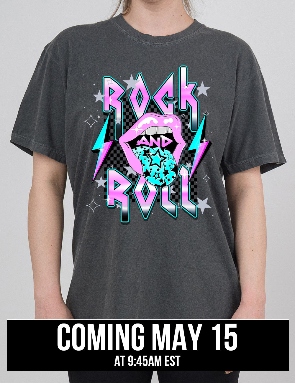 pepper modern tee with print placement on the front, with the words "rock and roll" on it, with the word "and" within the large graphic of a mouth, with it's tongue sticking out with stars on it, and a number of stars around the words, with a lightning bolt on both sides of the mouth , coming may 15th