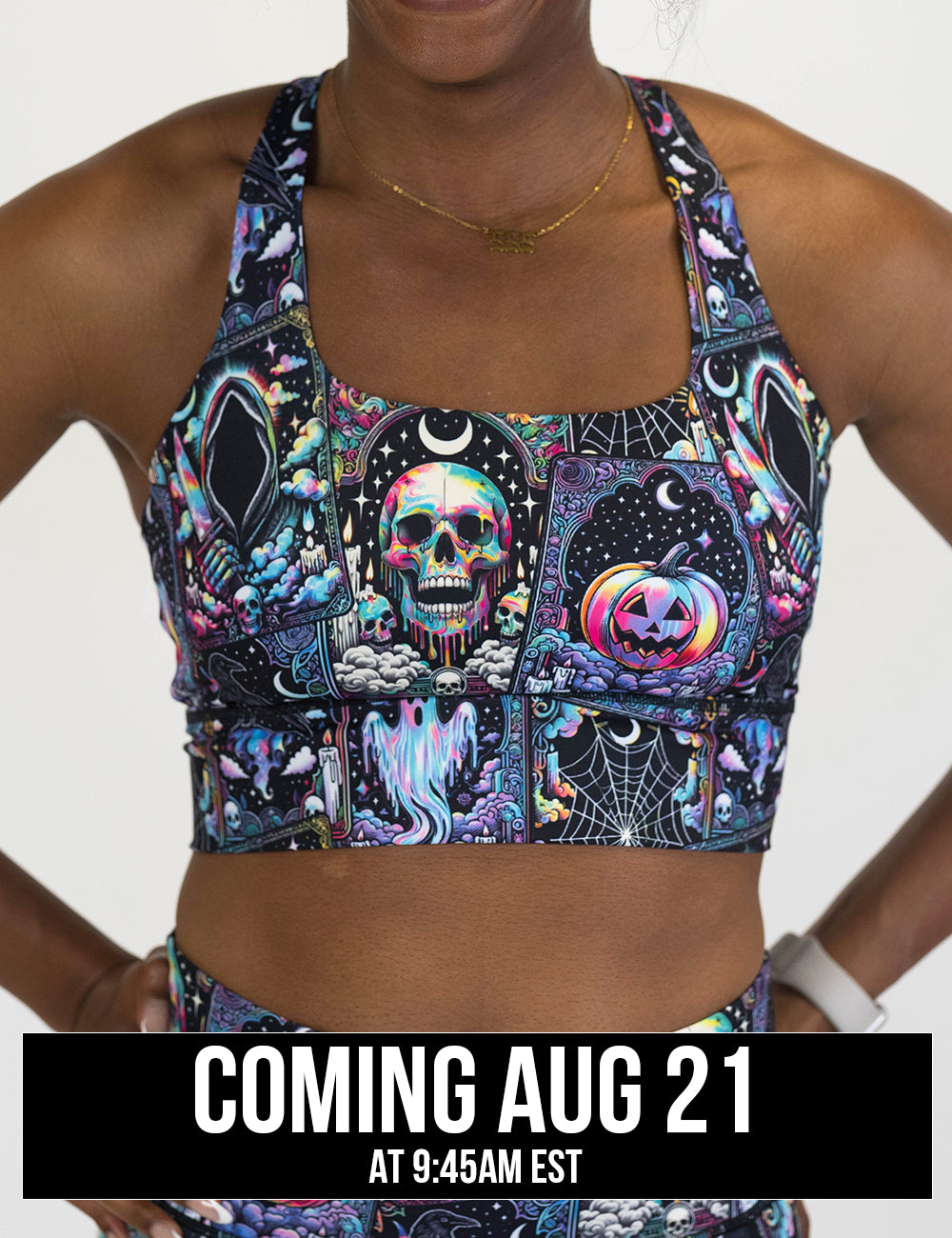 front of the rainbow skulls, jack o lantern, and ghosts bra against a white background, coming august 21st