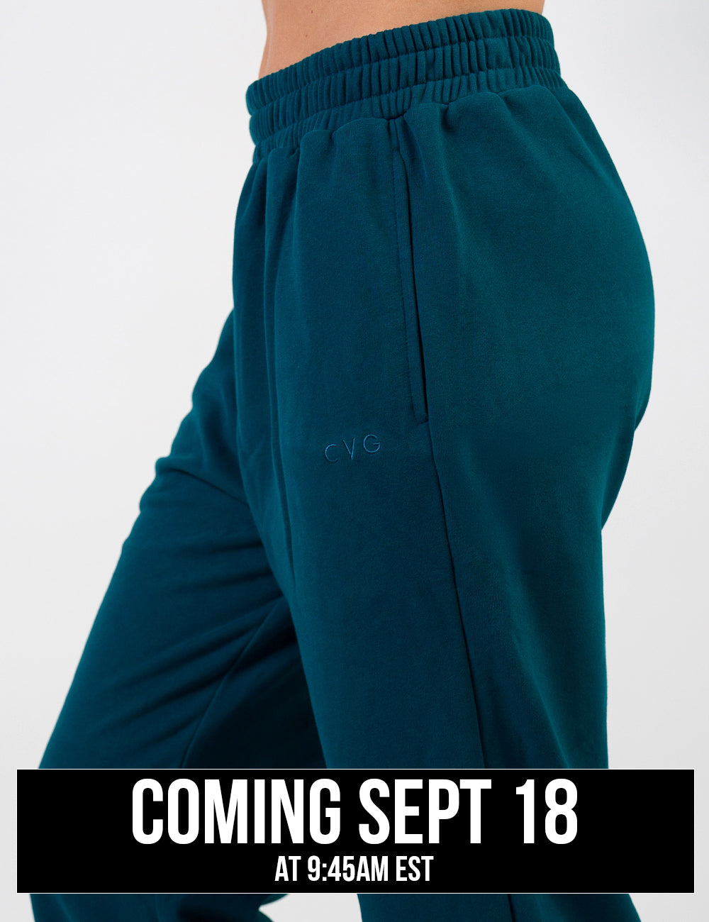 front of the dark blue sweatpants with a subtle CVG logo, coming September 18th