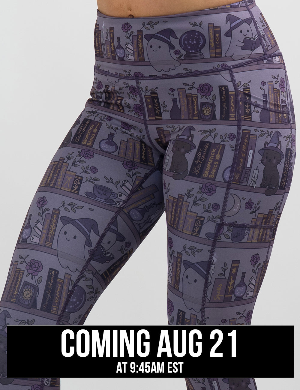 front of the ghosts and cats book shelves leggings against a white background, coming august 21st