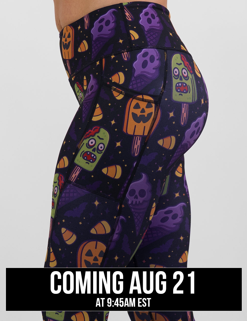 side view of the zombie, jack o lantern, and ghost ice cream's leggings against a white background, coming august 21st