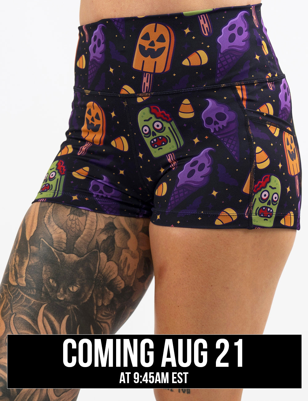 front of the zombie, jack o lantern, and ghost ice cream's 2.5 inch shorts coming august 21st