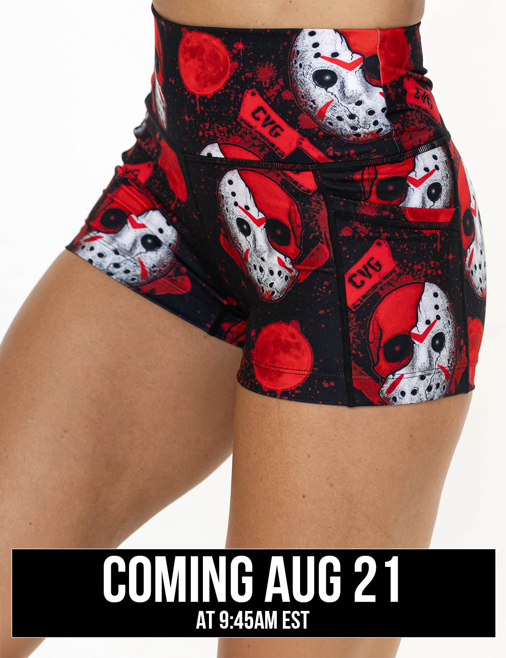 front of the bloody hockey masks with CVG meat cleavers 2.5 inch shorts coming august 21st