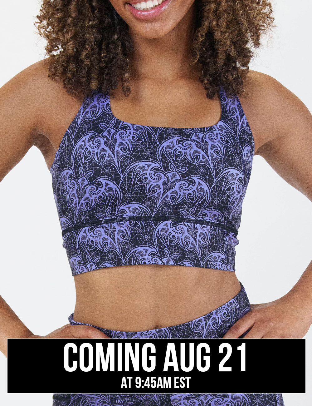 front of the purple bat lace sports bra coming august 21st