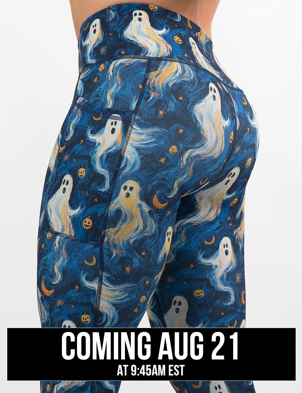 back of the starry night ghosts against a blue background pattern leggings against a white background, coming august 21st