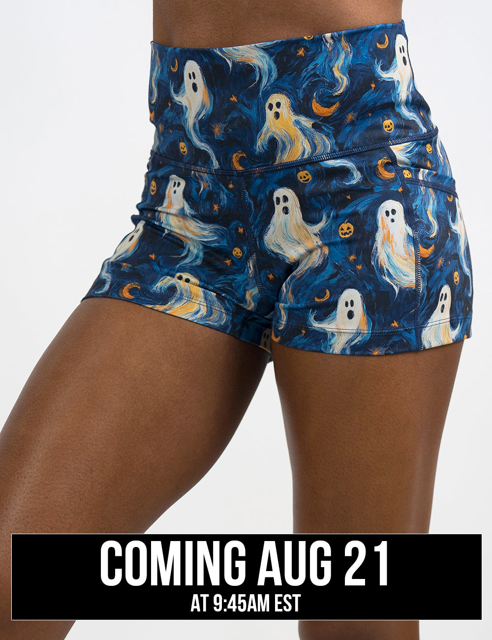 front of the starry night ghosts against a blue background pattern 2.5 inch shorts coming august 21st
