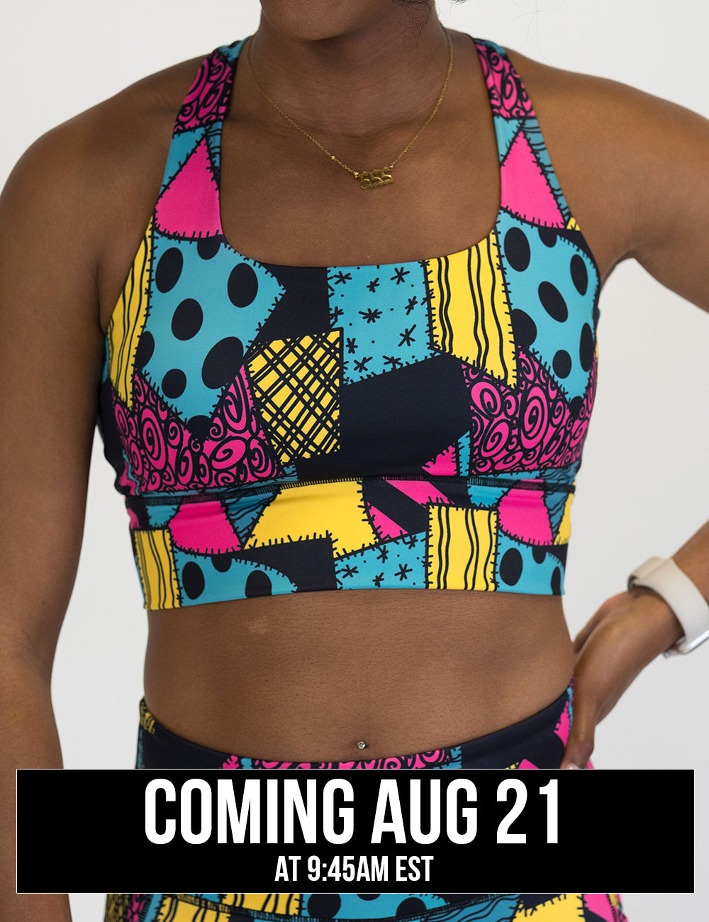 front of the yellow, teal, and pink patchwork designs bra against a white background coming august 21st