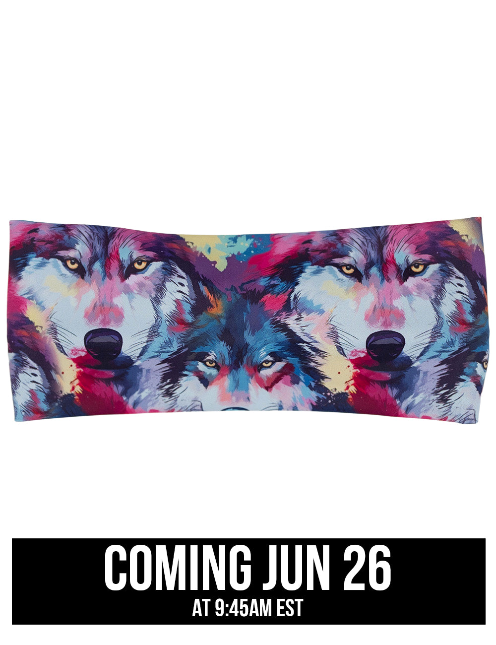 front of the water color style red, white, blue, and yellow wolves against a white background