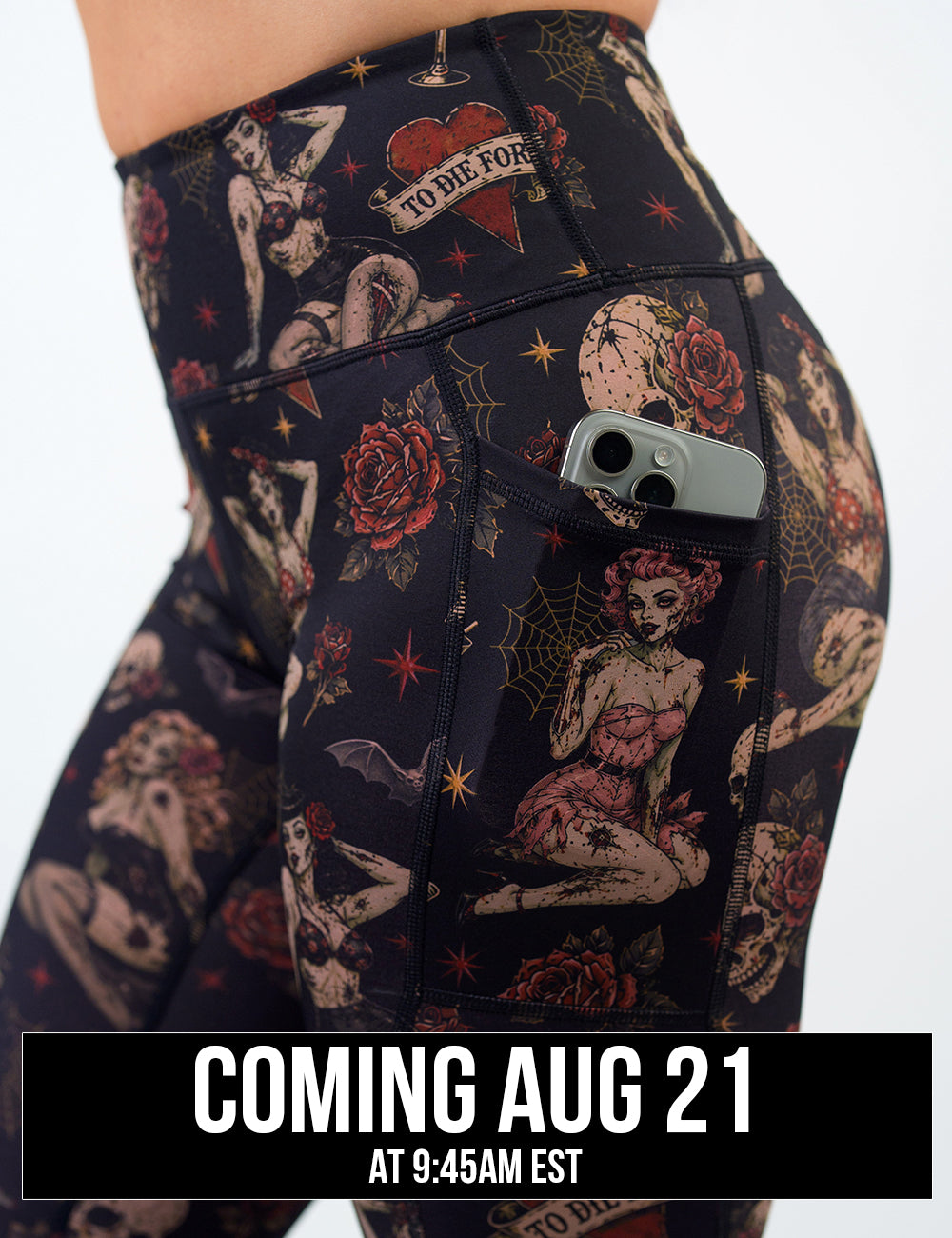 side of the zombie girls with pin up hair and traditional tattoo design leggings with a phone in its pocket against a white background, coming august 21st