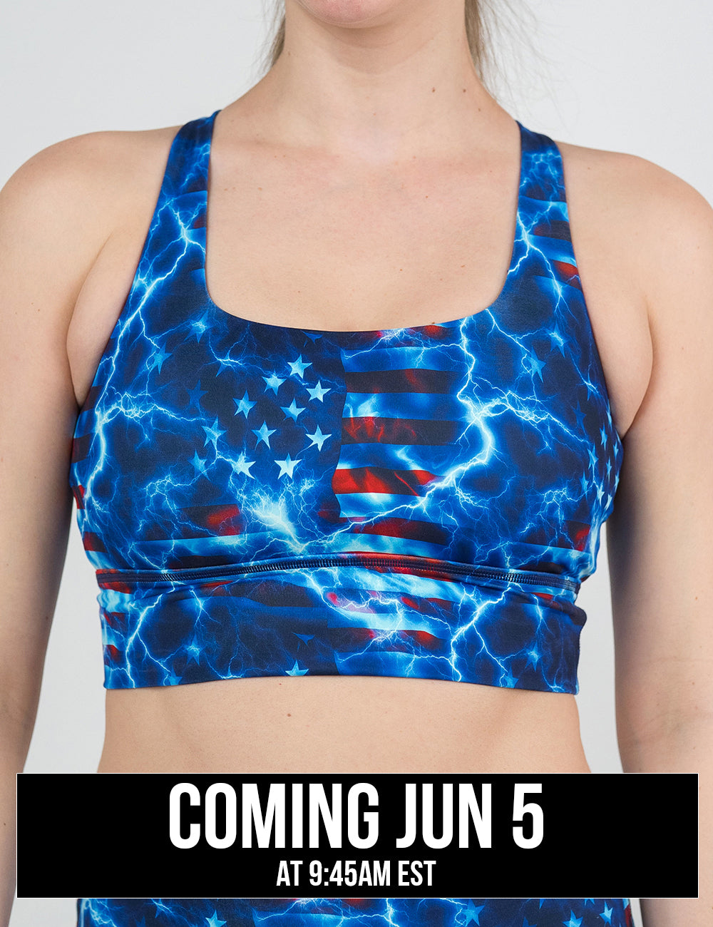 front of the lightning flag longline bra against a white background, coming june 5th