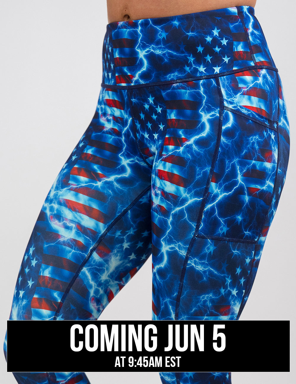 front of the lightning flag leggings against a white background, coming june 5th
