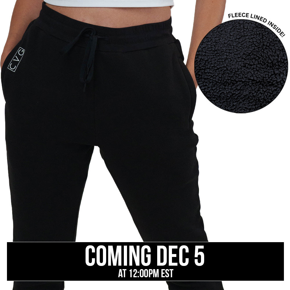 Black fleece-lined jogger pants with a close-up of the lining on a white background.
