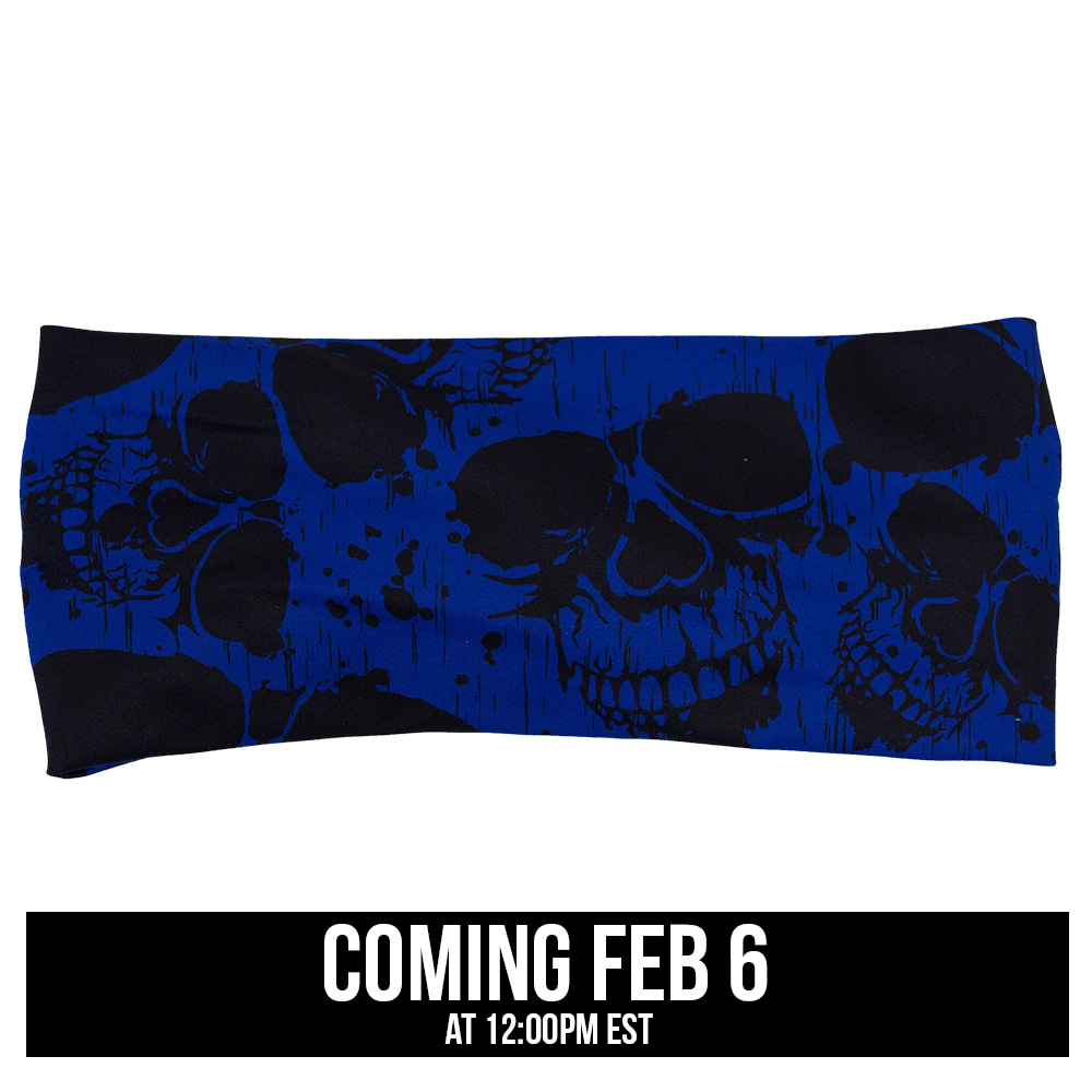 dark skulls against a blue background pattern headband coming soon