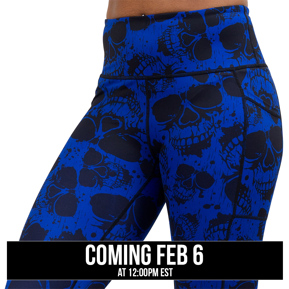dark skulls against a blue background pattern leggings coming soon