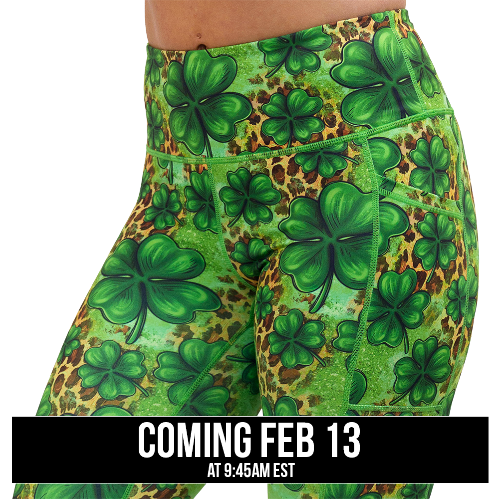 clover pattern against a cheetah print and green background leggings coming soon