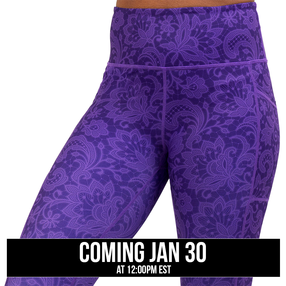 purple flower artwork leggings up close facing the front against a white background, coming soon