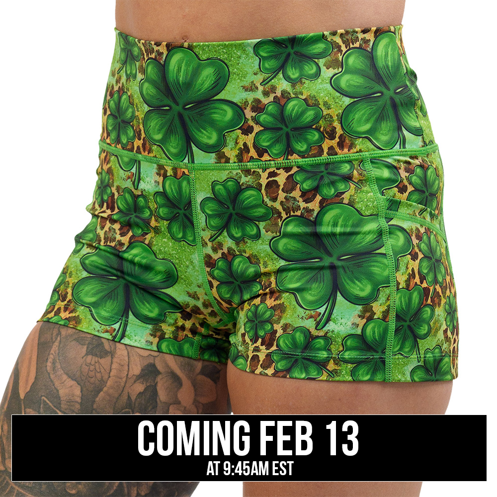 clover pattern against a cheetah print and green background shorts coming soon