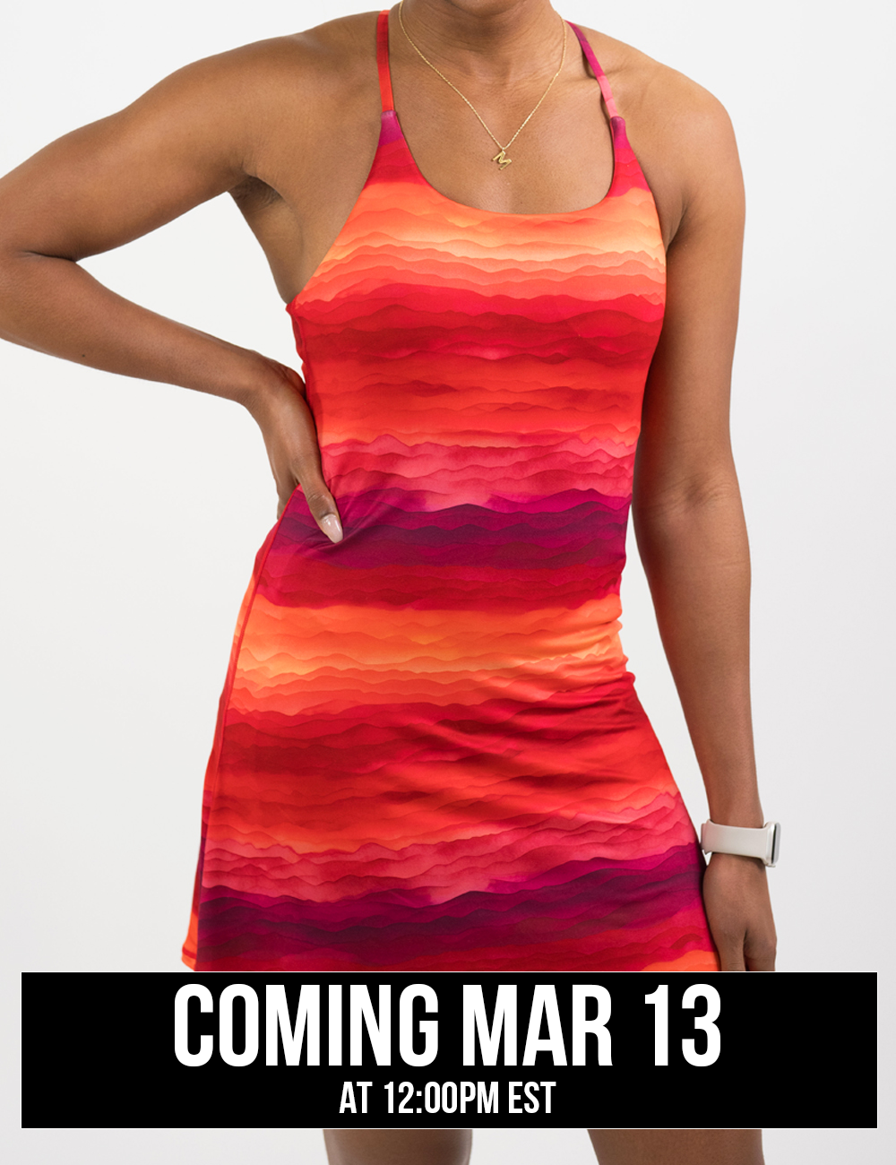 model wearing a sunset colored dress coming soon