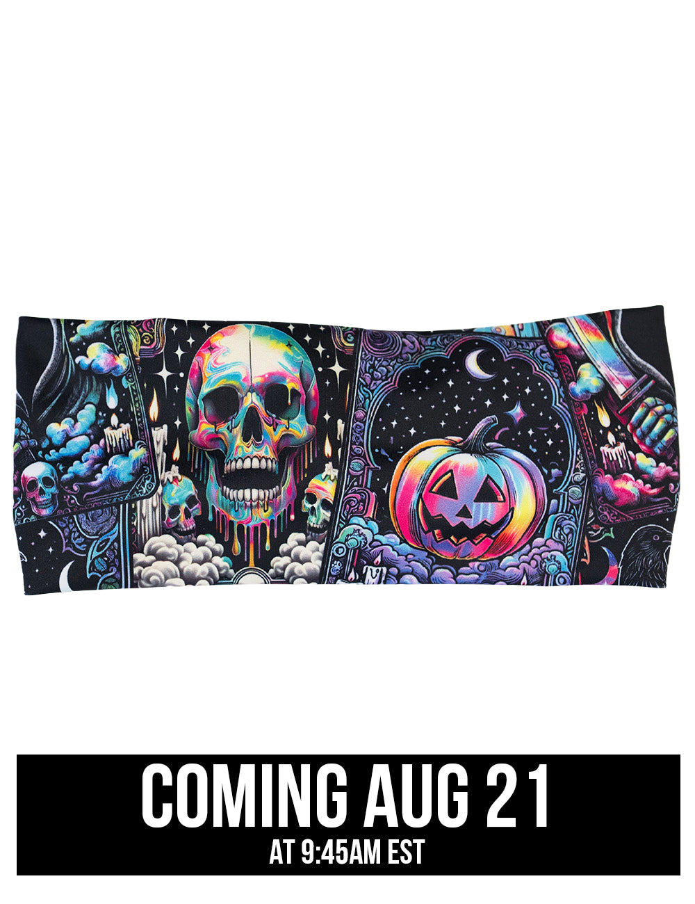 front of the Colorful Halloween-themed headband with skulls, ghosts, and pumpkins coming august 21st