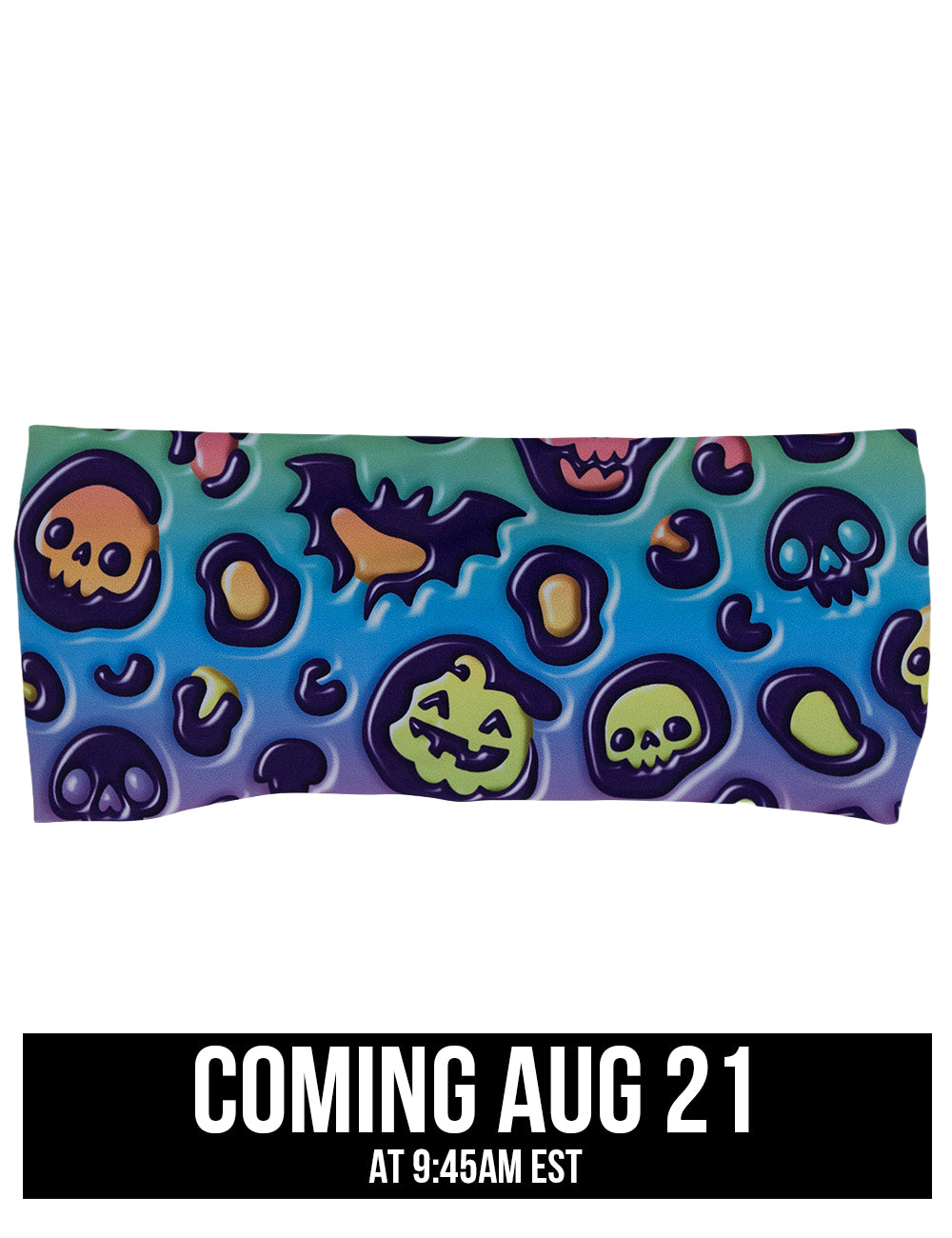 front of the rainbow leopard with bats, skulls, and jack o lanterns headband coming august 21st