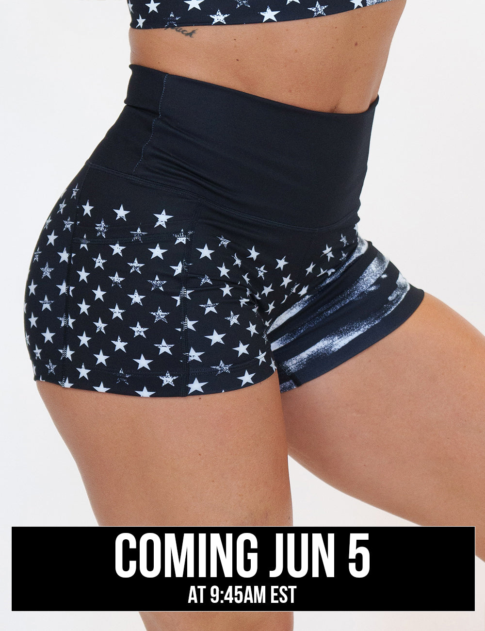 front of the 2.5 inch black shorts with white stars and stripes against a white background, coming june 5th