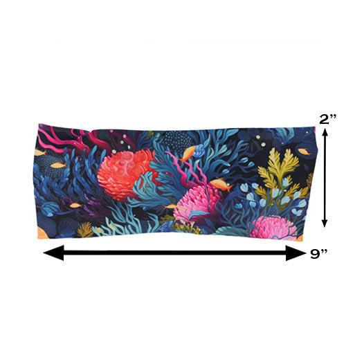 coral reef patterned headband measured at 2 by 9 inches