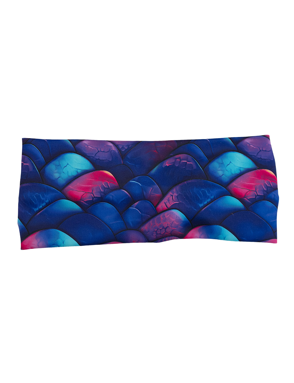 front of the blue, purple, and red colored dragon scale headband against a white background