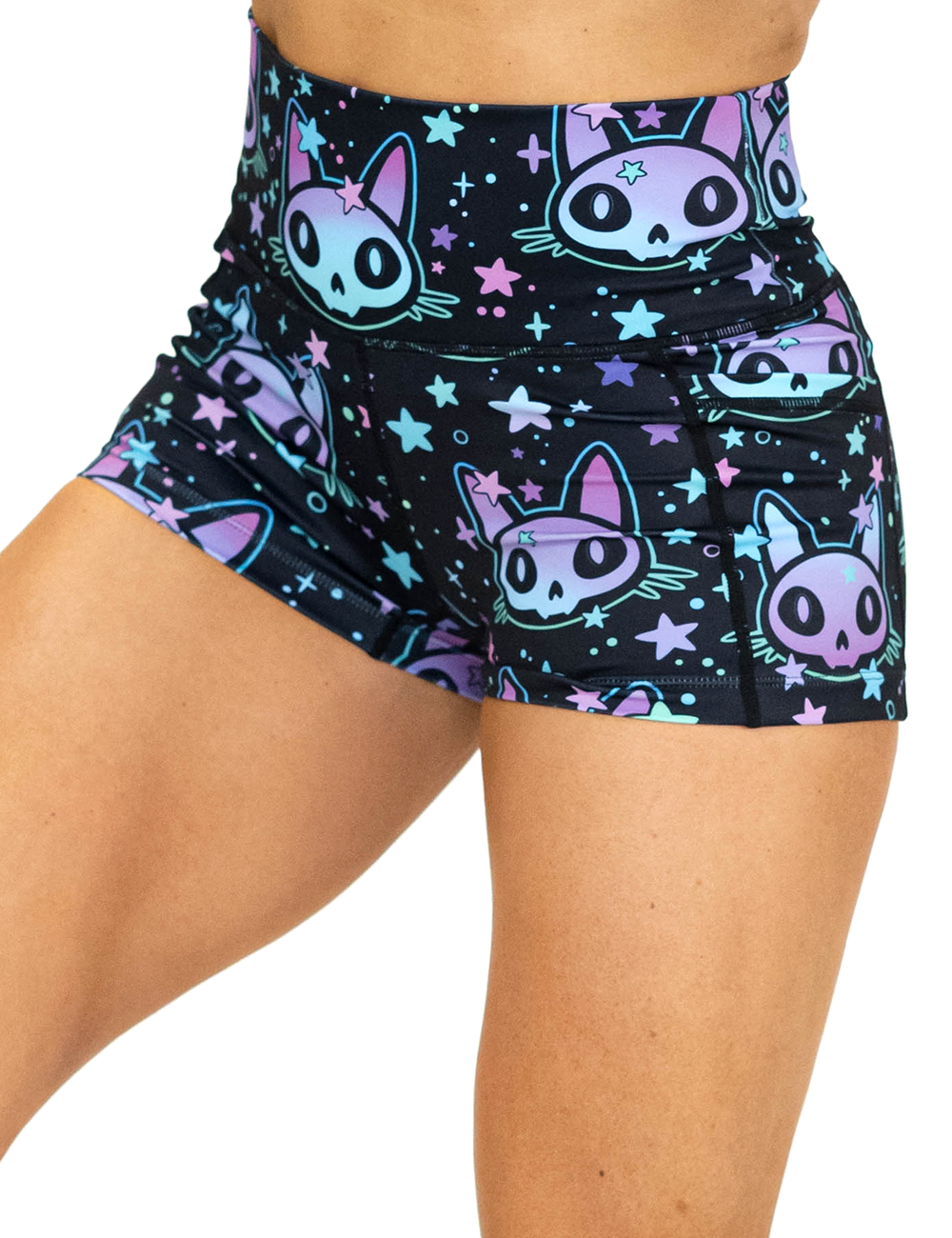 front of the purple and blue space cats 2.5 inch shorts against a white background