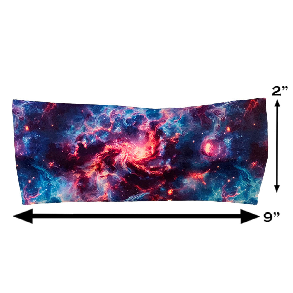 galaxy patterned headband measured at 2 by 9 inches