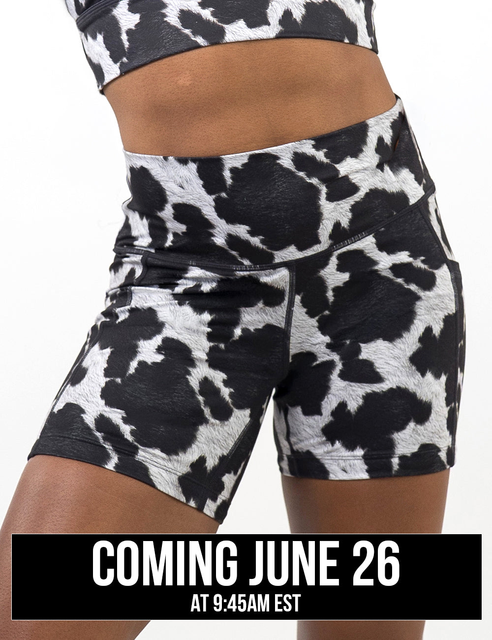 front of the 5 inch cow print shorts against a white background, coming june 26th