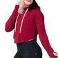 model wearing the cranberry colored cropped hoodie
