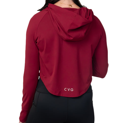 back of cranberry colored cropped hoodie