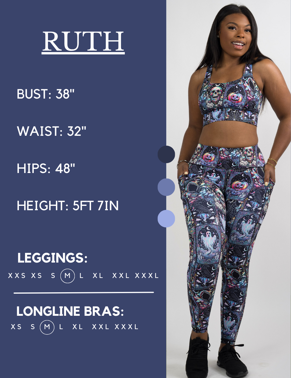 Model’s measurements of 38” bust, 32” waist, 48” hips and height of 5 ft 7 inches. She is wearing a size medium in our leggings