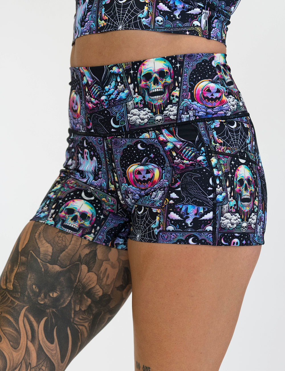 front of the 2.5 inch rainbow skulls, jack o lantern, and ghosts shorts against a white background