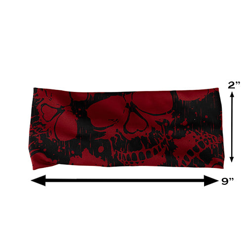 red skull print headband measured 2 by 9 inches