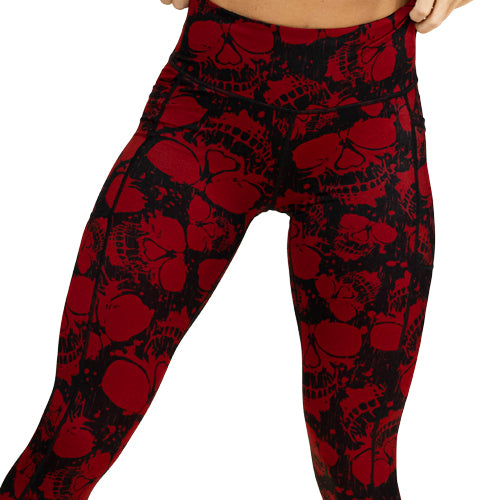 close up of red skull print leggings