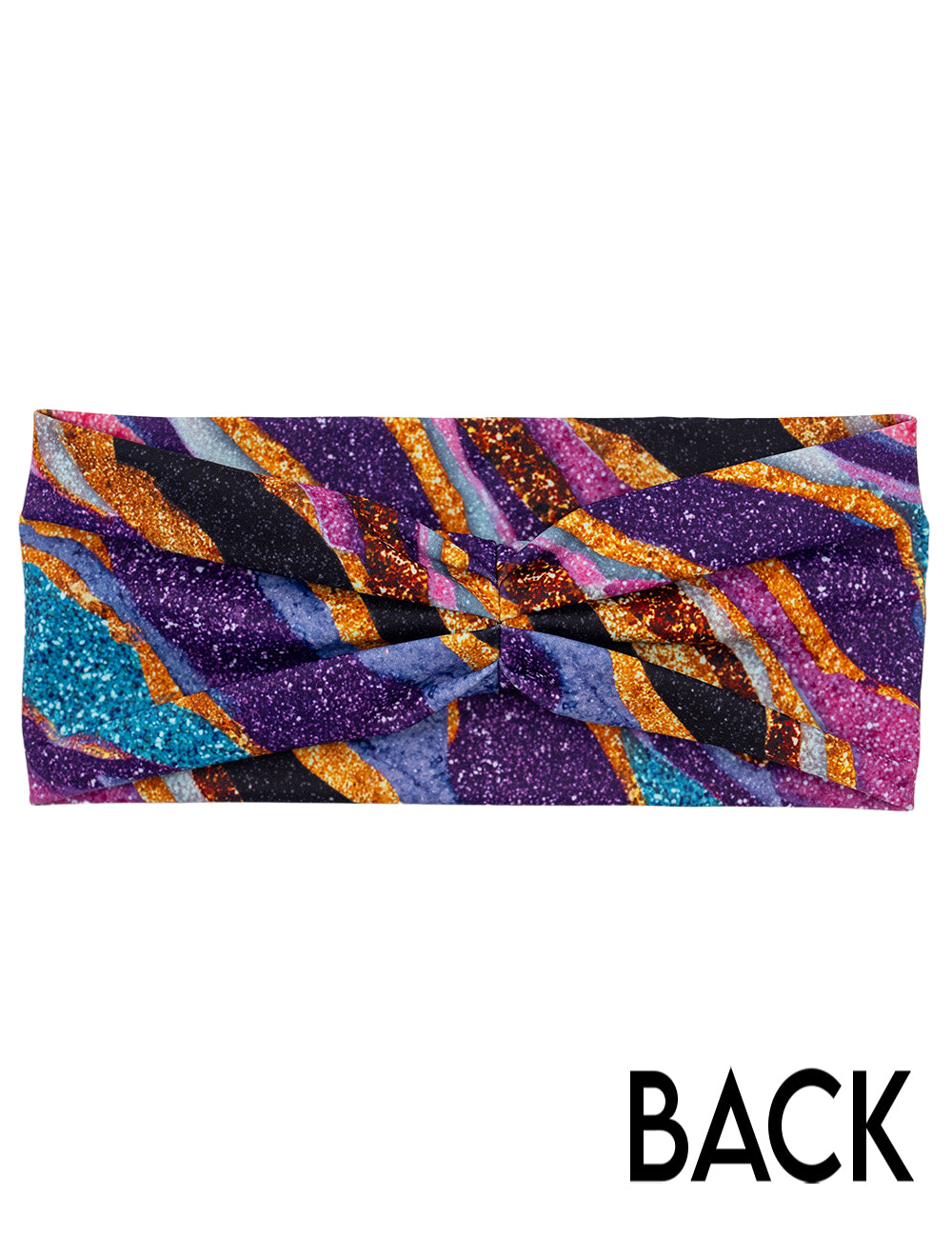 back of the purple, gold, black, blue, and pink abstract stripes headband