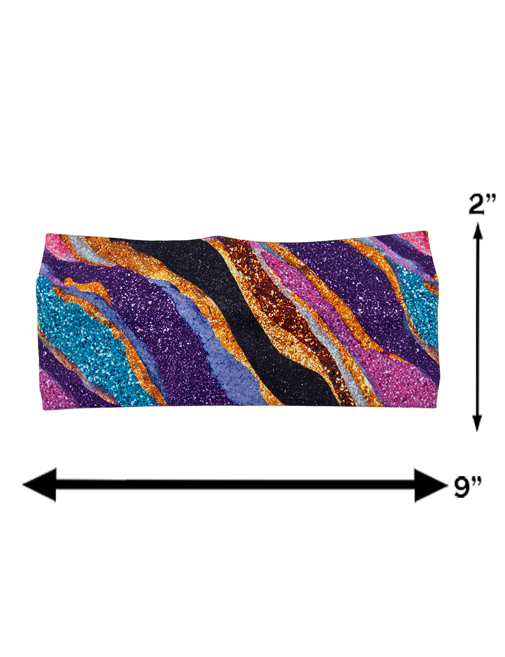 measurement chart for the purple, gold, black, blue, and pink abstract stripes headband, measurements are 2 inches by 9 inches