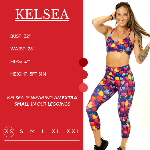 Model’s measurements of 32” bust, 28” waist, 37” hips and height of 5 ft 5 inches. She is wearing a size extra small in our leggings