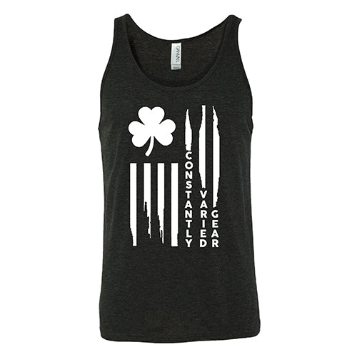 black unisex tank top with a clover flag graphic on it in white
