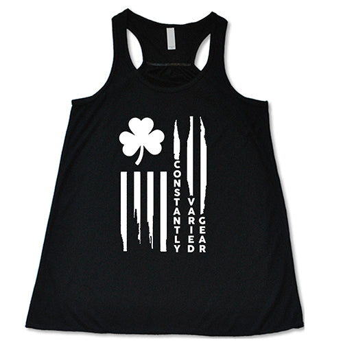 black racerback tank top with a clover flag graphic on it in white