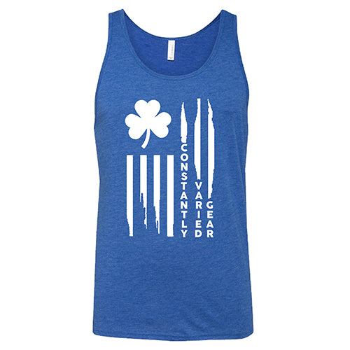 blue unisex tank top with a clover flag graphic on it in white