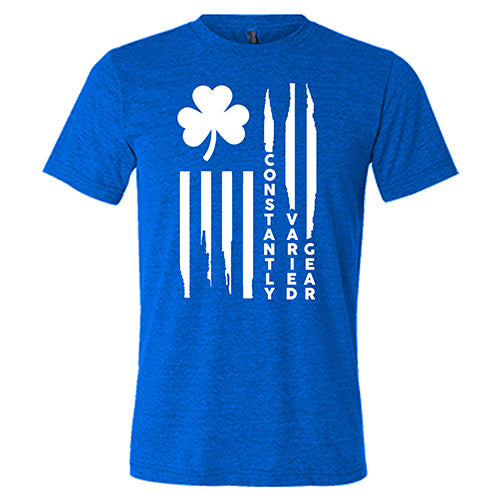 blue unisex shirt with a clover flag graphic on it in white