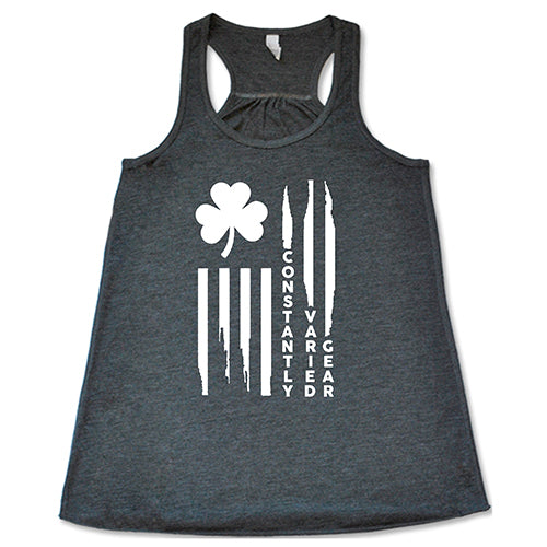 grey racerback tank top with a clover flag graphic on it in white