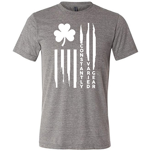 grey unisex shirt with a clover flag graphic on it in white
