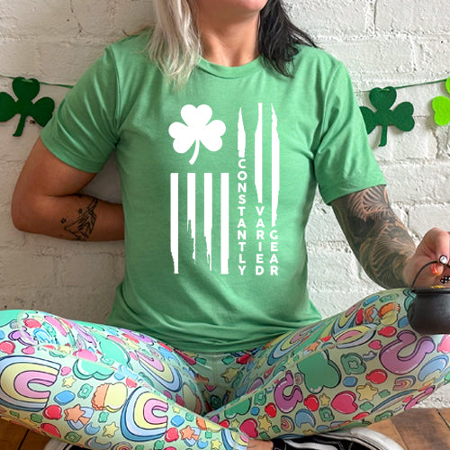 green unisex shirt with a clover flag graphic on it in white