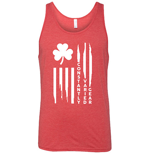 red unisex tank top with a clover flag graphic on it in white
