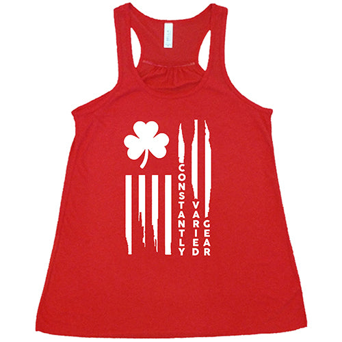 red racerback tank top with a clover flag graphic on it in white