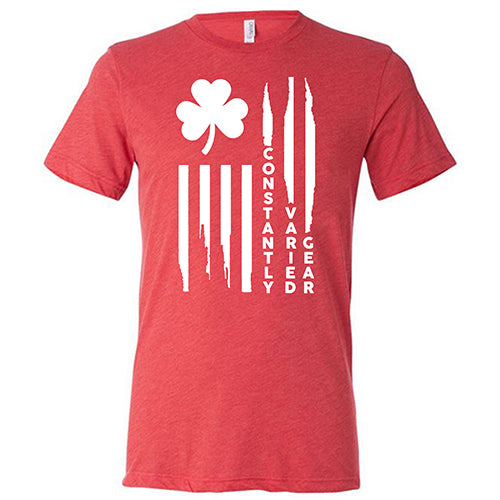 red unisex shirt with a clover flag graphic on it in white